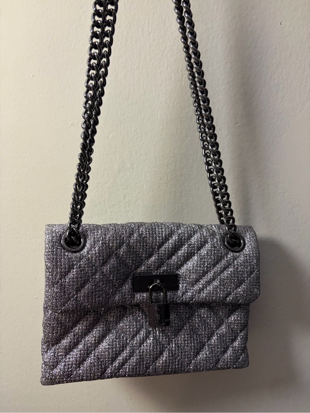 Kurt Geiger Small Quilted Metallic Gray Shoulder Bag with Chain Strap